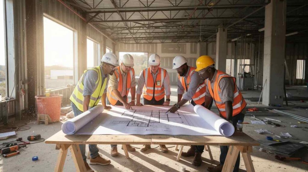 A construction team is gathered inside a partially completed building, reviewing architectural plans and discussing energy efficient improvements that align with the Inflation Reduction Act. Their focus on energy efficient systems highlights the potential for significant tax savings, including the 179D tax deduction for commercial building owners.
