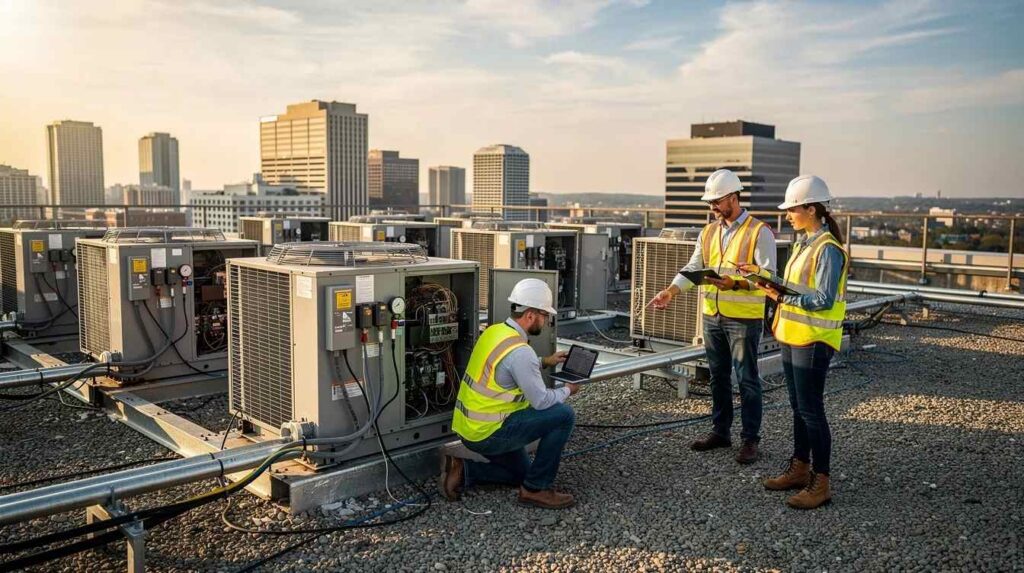 Two engineers are inspecting rooftop HVAC units on a commercial building, ensuring that the energy efficient systems meet the energy efficiency requirements outlined in the energy policy act. Their assessment aims to promote energy efficiency and identify potential tax savings for building owners through the 179d tax deduction for energy efficient improvements.