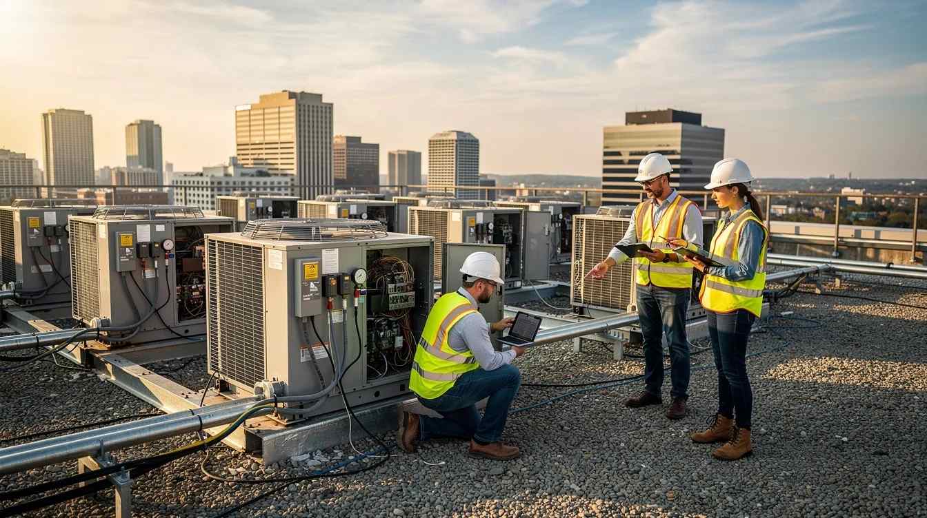 Two engineers are inspecting rooftop HVAC units on a commercial building, ensuring that the energy efficient systems meet the energy efficiency requirements outlined in the energy policy act. Their assessment aims to promote energy efficiency and identify potential tax savings for building owners through the 179d tax deduction for energy efficient improvements.