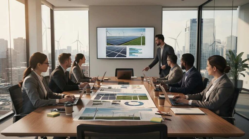 A group of professionals is gathered around a conference table, reviewing plans for clean energy projects, discussing the benefits of renewable energy tax credits and strategies for maximizing tax incentives under the Inflation Reduction Act. Their collaborative effort highlights the importance of deep industry expertise in advancing clean energy investments and achieving sustainability goals.