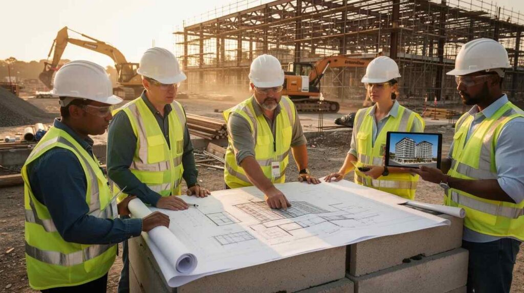 A group of professionals is gathered at a construction site, intently reviewing detailed building plans and discussing the potential cost segregation benefits for the property. Their focus suggests they are considering strategies to maximize depreciation deductions and improve cash flow for real estate investors.