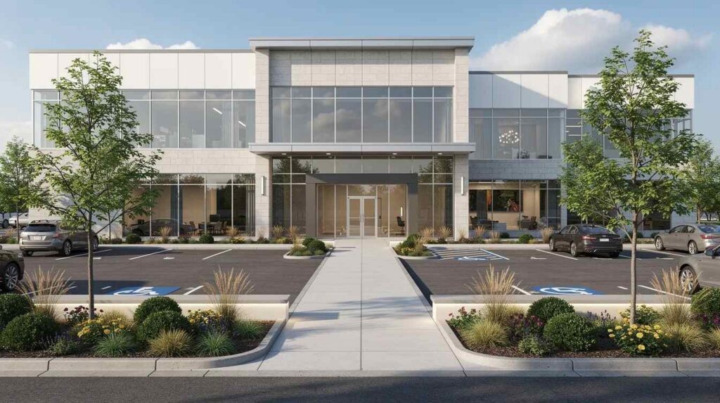 The image depicts the exterior of a modern commercial building featuring a well-landscaped entrance and a spacious parking area, highlighting the property owners' investment in enhancing the curb appeal of their commercial real estate. This setting reflects the potential for tax savings through strategies like cost segregation studies and maximizing depreciation deductions for income tax purposes.