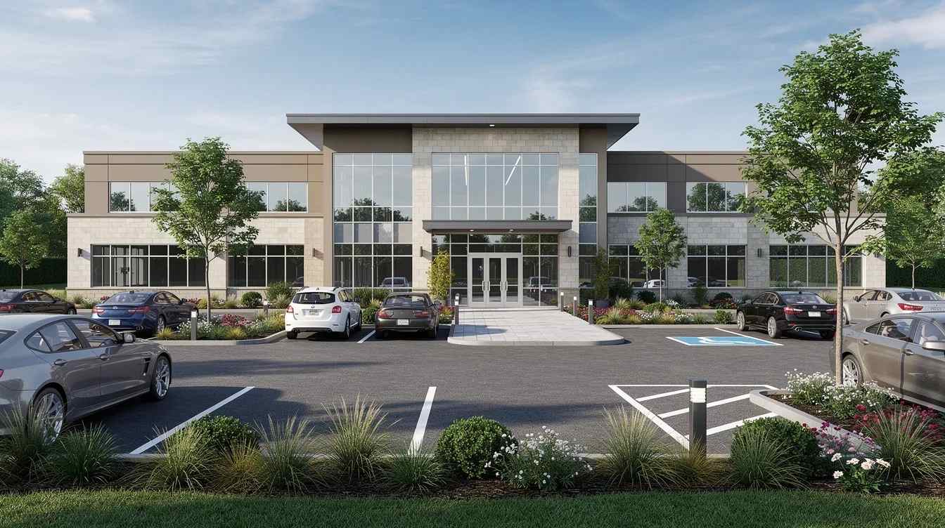 cost-segregation-rental-property The image depicts the exterior of a commercial property, featuring well-maintained landscaping and a spacious parking area. This setting highlights the potential for real estate investors to maximize tax savings through strategies like cost segregation, which can enhance cash flow and provide significant tax benefits for property owners.