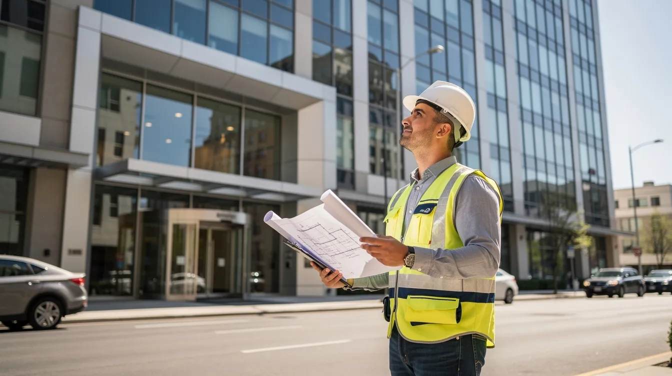 An engineer is inspecting the exterior of a commercial building, evaluating its structural components and overall condition. This physical inspection is essential for conducting a comprehensive cost segregation study to maximize depreciation deductions and provide substantial tax savings for property owners.