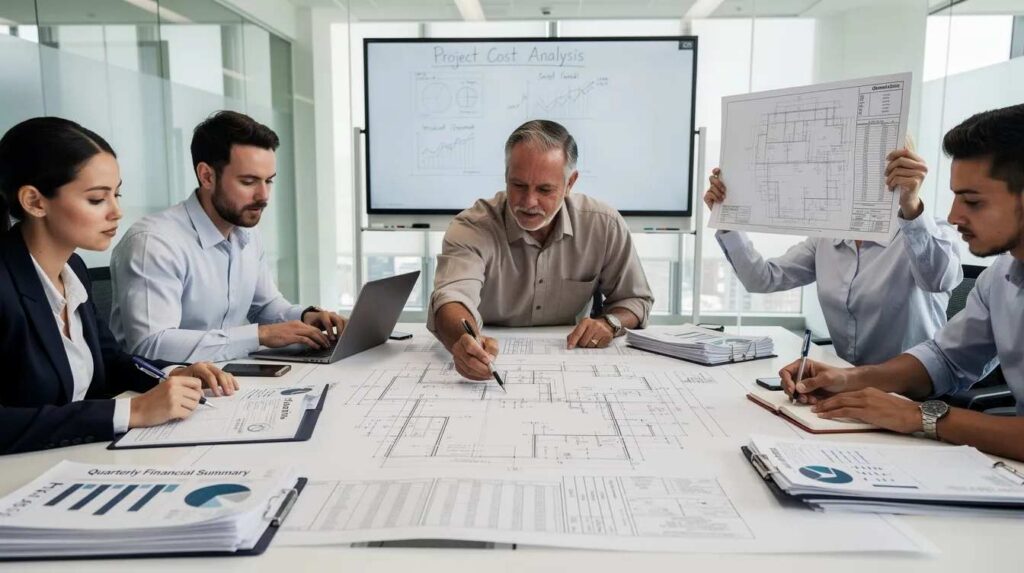 A diverse team of professionals is gathered around a conference table, intently reviewing engineering drawings and financial records related to their research and development activities. They are discussing tax credit eligibility and the necessary documentation to substantiate their qualified research expenditures for a potential credit claim.