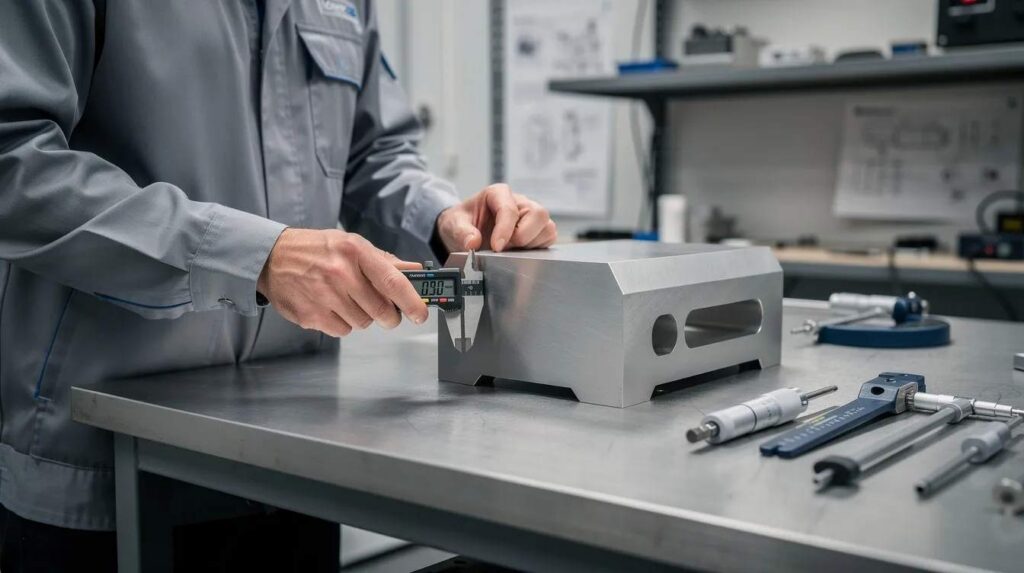 A technician is inspecting a metal prototype using measurement tools, focusing on ensuring precision in the manufacturing process. This meticulous evaluation is crucial for qualified research activities that can lead to significant tax savings through the R&D tax credit for manufacturers.