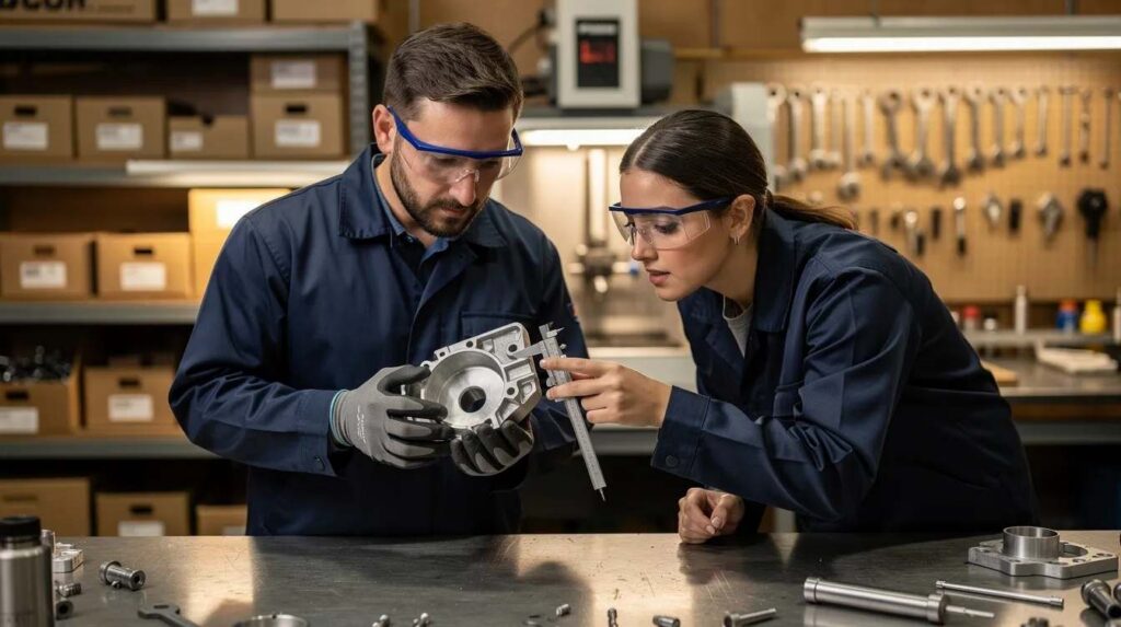 In a workshop, engineers are closely examining a prototype part, discussing its design and functionality as part of their research and development activities. This hands-on approach is essential for substantiating qualified research expenditures and ensuring tax credit eligibility for their innovative projects.