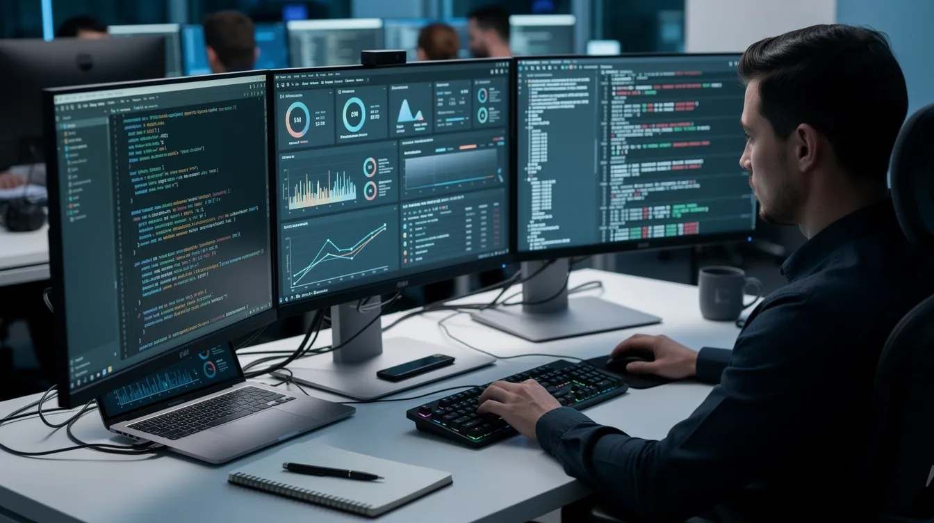 rd-tax-software A developer is intently reviewing code and analytics displayed on multiple monitors, highlighting the critical aspects of software development and the associated tax credits, such as the R&D tax credit. The setup suggests a focus on improving business components through qualified research activities and maintaining compliance with tax law.