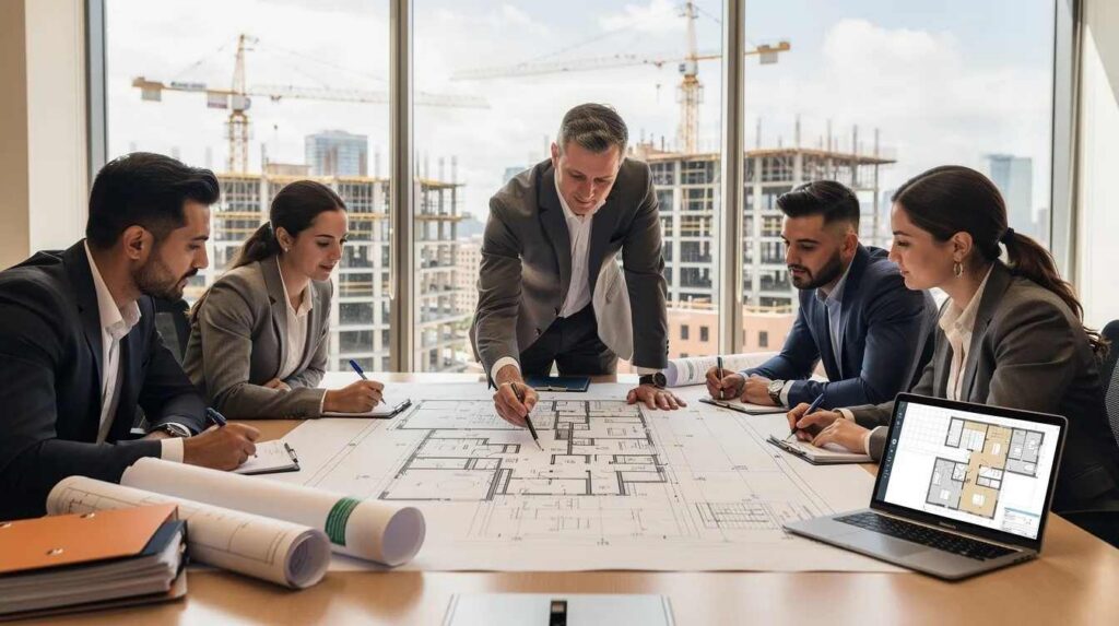 A professional team is gathered around a table, intently reviewing construction documents and building plans, discussing strategies for maximizing depreciation deductions for commercial real estate. Their focus on cost segregation studies highlights the potential tax benefits and increased cash flow for property owners and real estate investors.