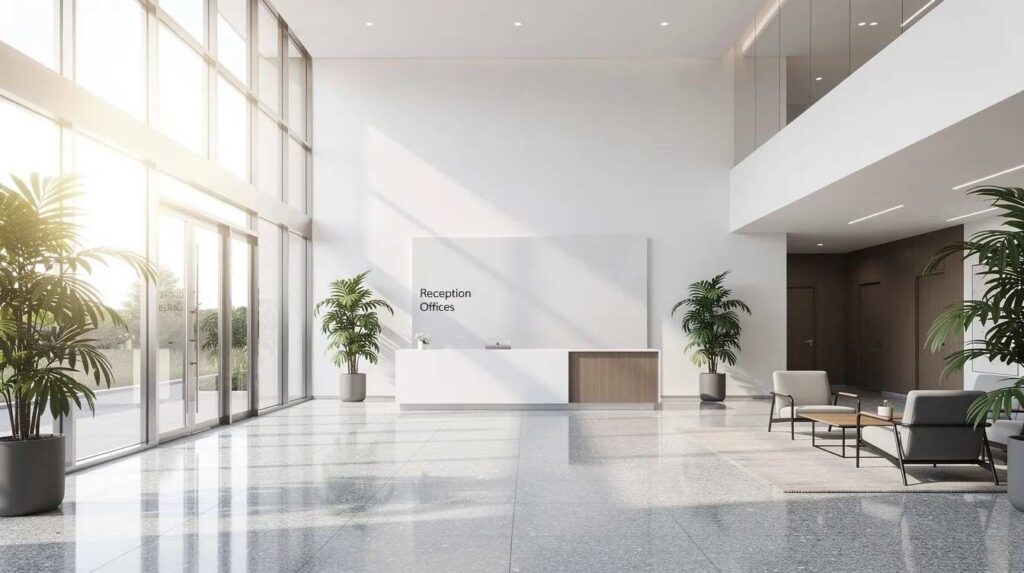 The image depicts a modern commercial property lobby featuring expansive windows that allow natural light to flood the space, highlighting the polished floors and sleek design. This inviting area is essential for property owners and real estate investors looking to maximize depreciation deductions and enhance cash flow through effective tax strategies such as cost segregation.