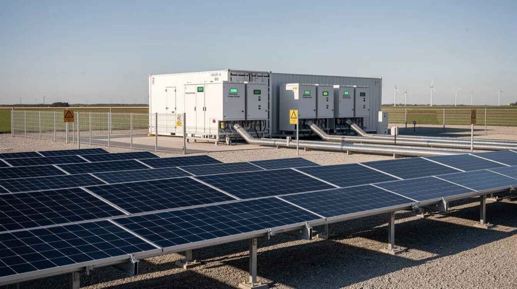The image depicts a solar energy facility featuring multiple solar panels and battery storage equipment, showcasing a commitment to renewable energy sources. This setup represents a significant investment in clean energy projects, potentially qualifying for various clean energy tax credits and incentives under the Inflation Reduction Act.