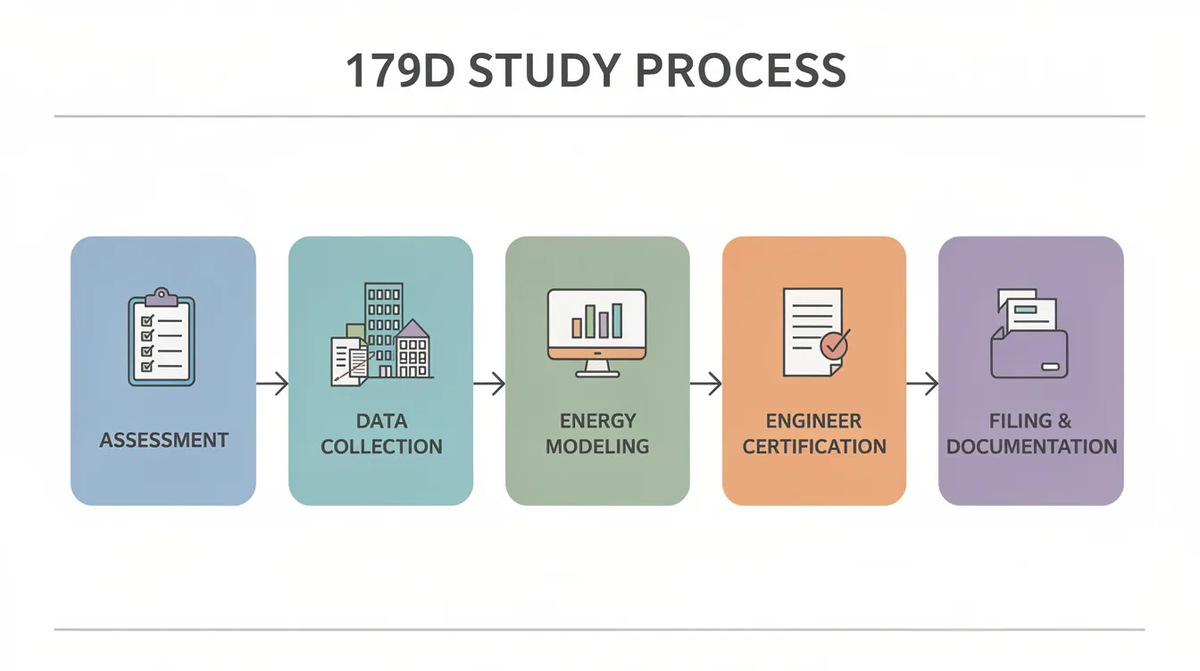 A diagram outlining five sequential steps in the 179D study process, starting from assessment and leading to filing. Each step highlights key aspects of energy efficiency in commercial buildings, emphasizing the potential for tax savings through the 179D tax deduction.