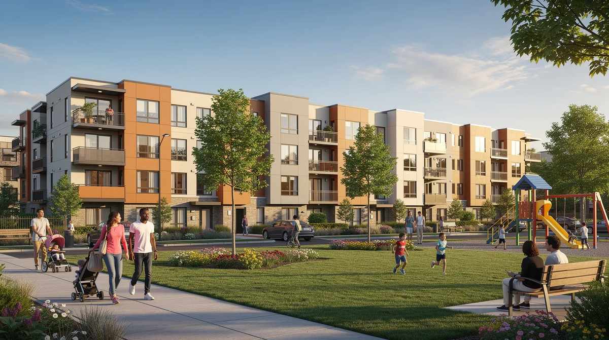 A modern affordable housing complex where families stroll outside, enjoying a community green space filled with trees and benches. Investment tax credit services promote sustainable living and creating vibrant communities.
