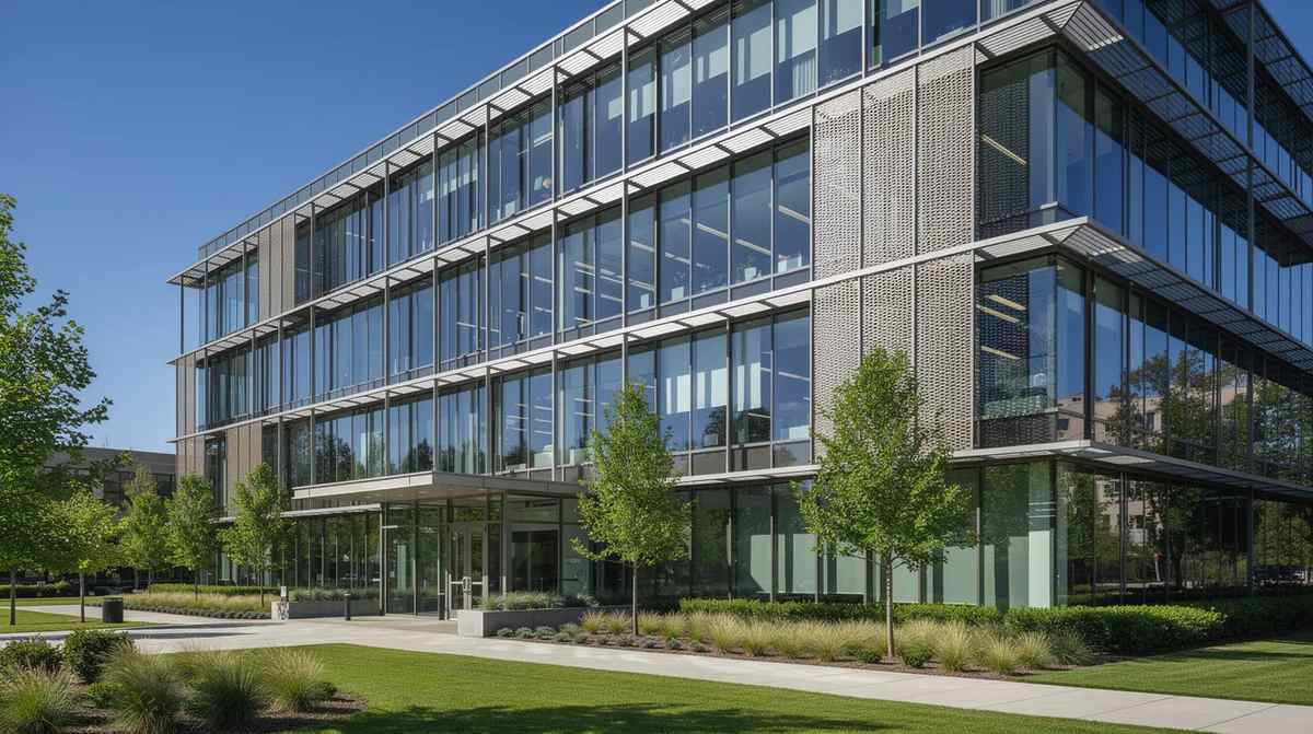 A modern office building with solar shading elements. This energy efficient commercial building could qualify for tax savings. Speak to a 179d tax consultant to find out if yours does.
