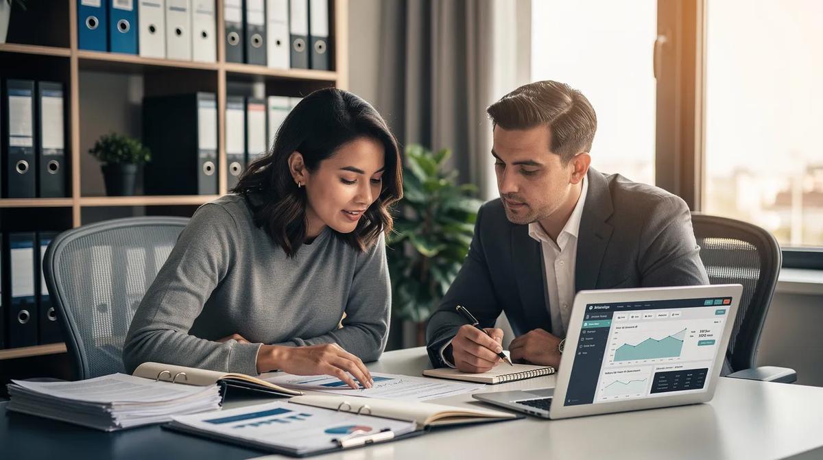 A business owner and a financial advisor reviewing documents and discussing tax credits for businesses.