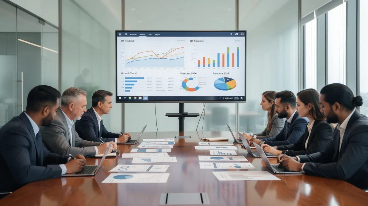 A group of business professionals reviewing financial documents and charts about corporate tax incentives in a modern conference room.