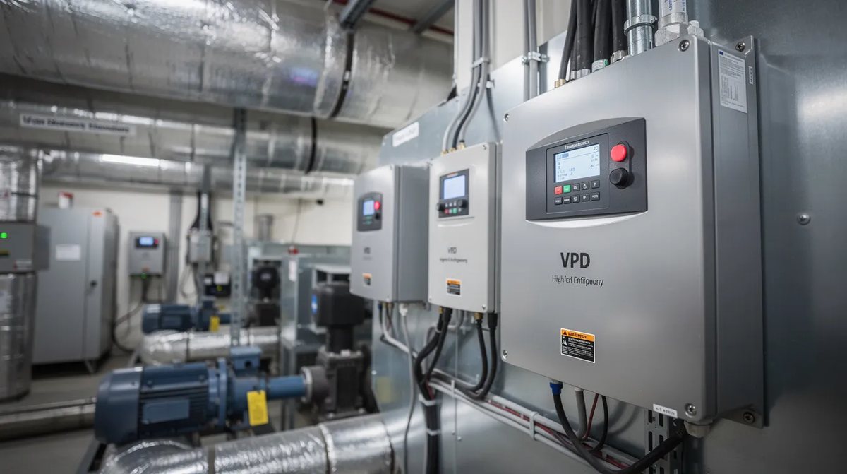 A close-up view of high-efficiency HVAC equipment and variable speed drives installed in a commercial building's mechanical room. This setup is essential for building owners aiming to reduce energy consumption and qualify for the 179d deduction under the energy policy act.