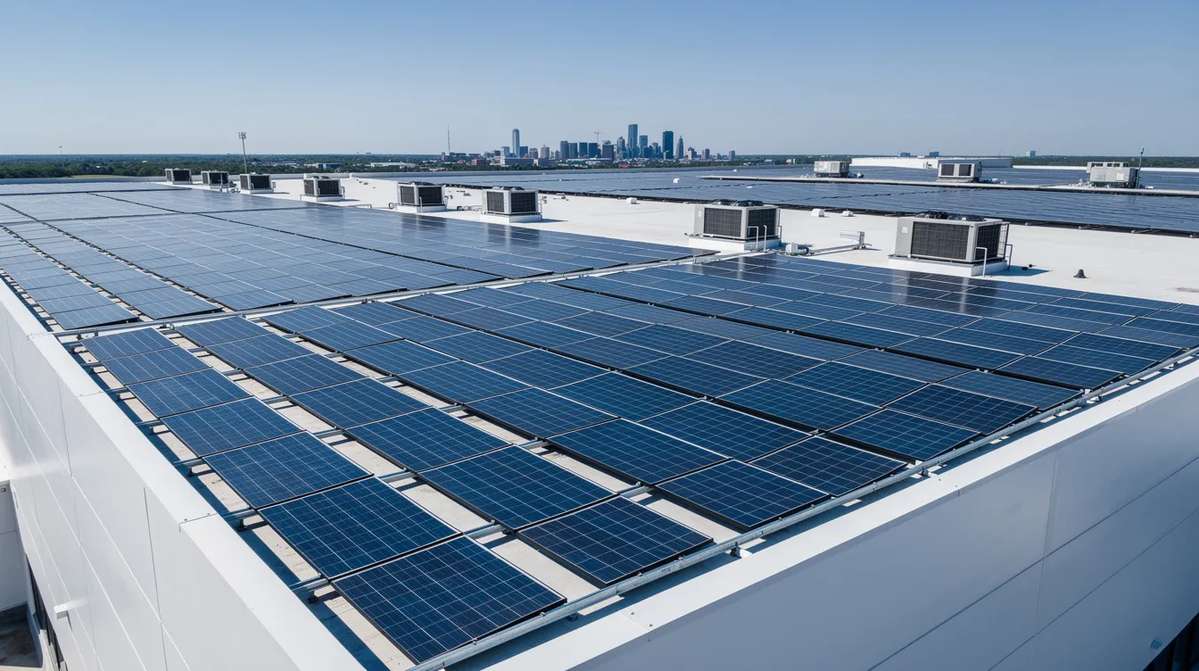 A commercial building rooftop fully covered with solar panels, reflecting a commitment to renewable energy. This shows how a solar investment tax credit consultant can help businesses qualify for federal tax credits and incentives related to renewable energy projects.