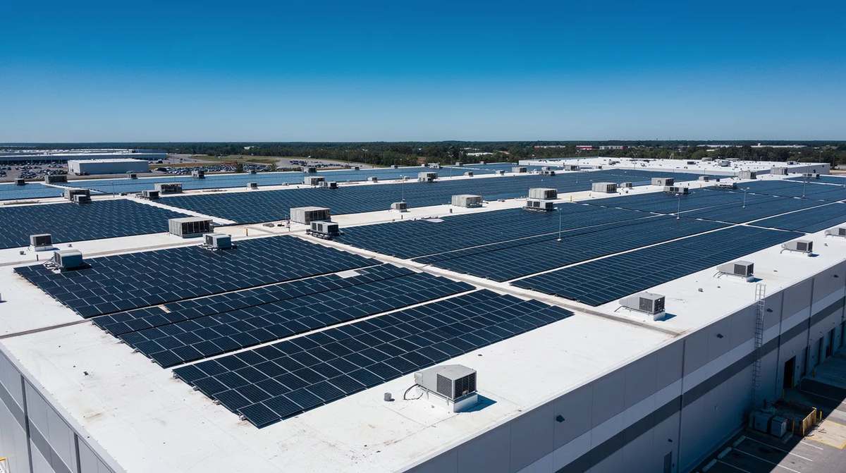 A commercial warehouse rooftop covered with solar panels. This sustainable energy solution can benefit businesses through potential tax credits and incentives for renewable energy use.