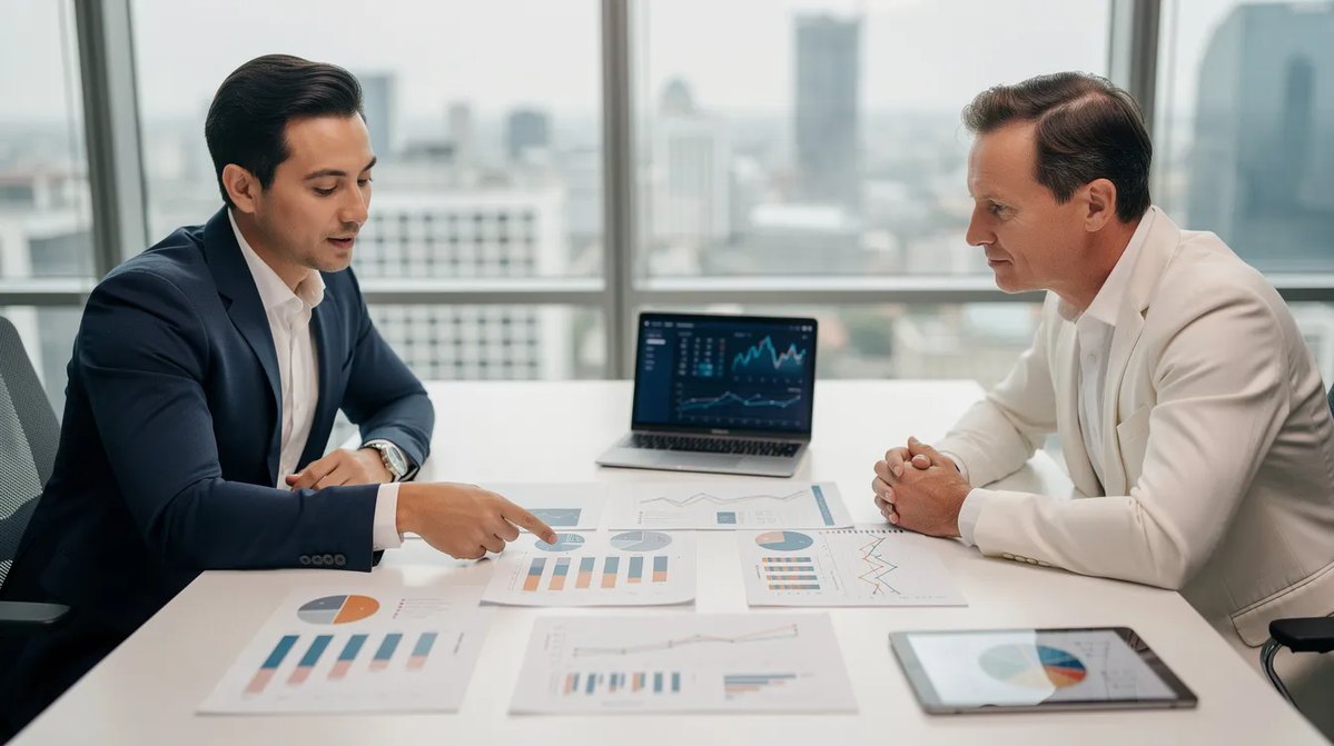 A professional consultant and a business owner reviewing financial charts that highlight renewable energy tax credits and investment tax strategies.