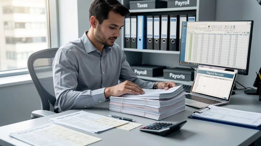 A tax professional is meticulously organizing payroll records at a desk, surrounded by documents and a laptop, to ensure compliance and maximize benefits like the employee retention tax credit for their clients. This scene highlights the importance of accurate management in navigating complex tax regulations and providing consulting services to businesses.