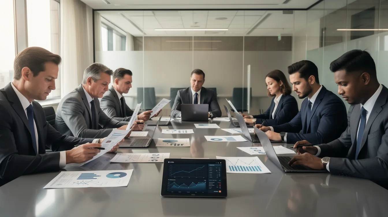 In the image, a group of business managers is gathered around a table, intently reviewing financial documents and discussing strategies for maximizing employee retention tax credits. Their focus on compliance and eligibility highlights the importance of consulting services to navigate the complexities of ERC claims and ensure proper documentation for their organization.