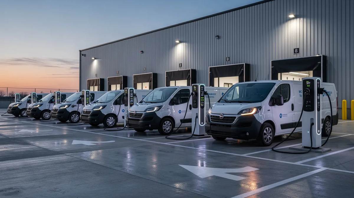 Electric delivery vans connected to charging stations at a commercial fleet depot, with a large warehouse visible in the background.