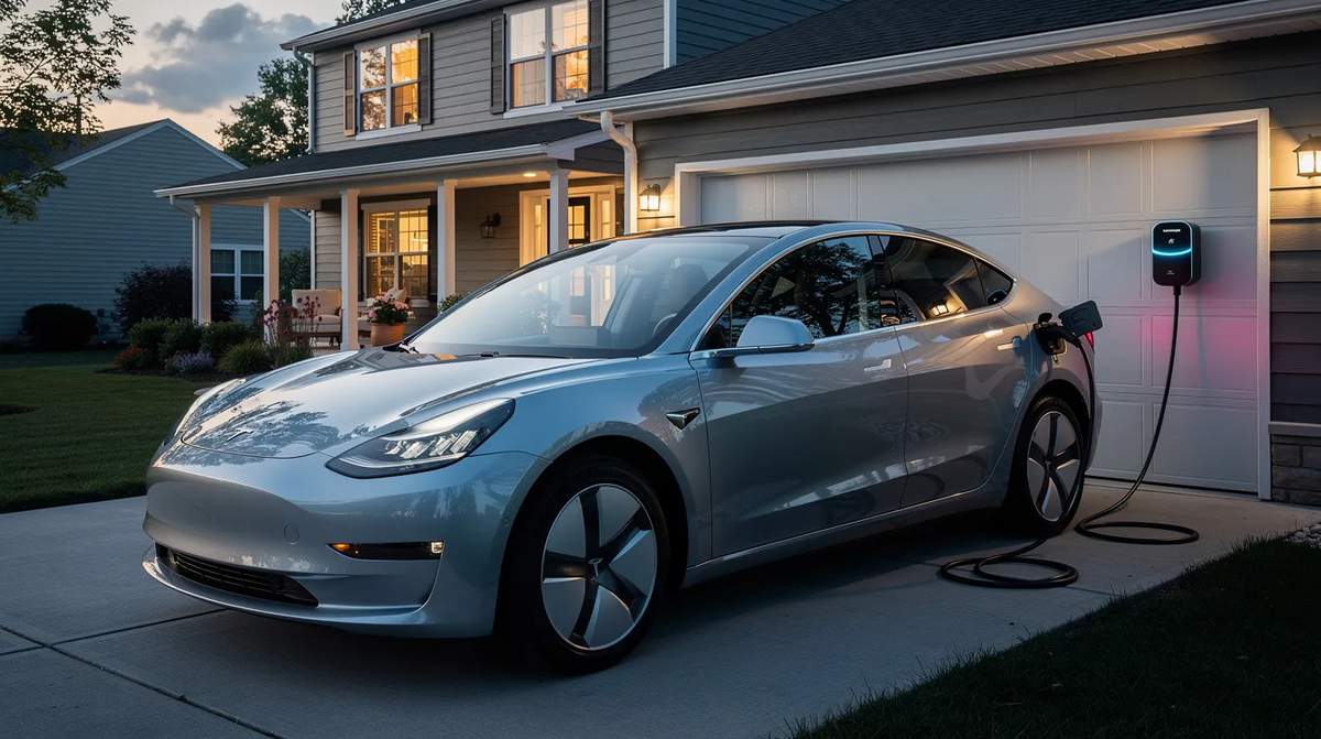 An electric vehicle plugged into a home charging station in a residential driveway.