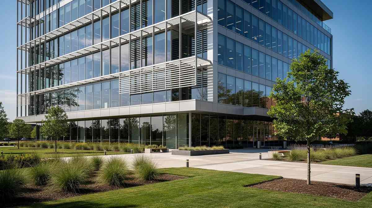 A modern office building with solar shading and high-performance glazing on the windows. Speak to a 179d deduction consultant to learn whether your commercial building qualifies for significant tax savings.