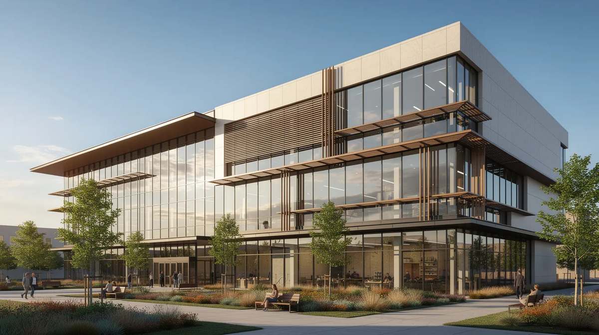 A modern public building with high-performance glazing and solar shading elements, designed to reduce energy consumption and enhance energy efficiency.