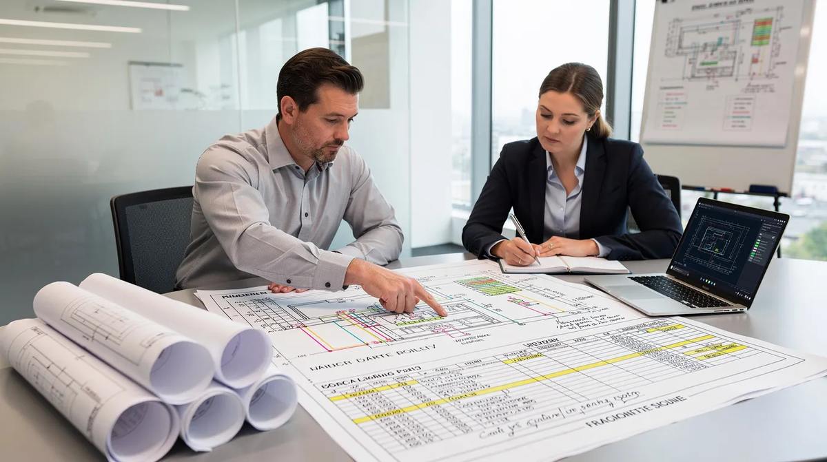 An engineer and a consultant at a conference table, examining building plans and HVAC equipment schedules, discussing strategies for energy efficiency and potential tax deductions for commercial building owners.