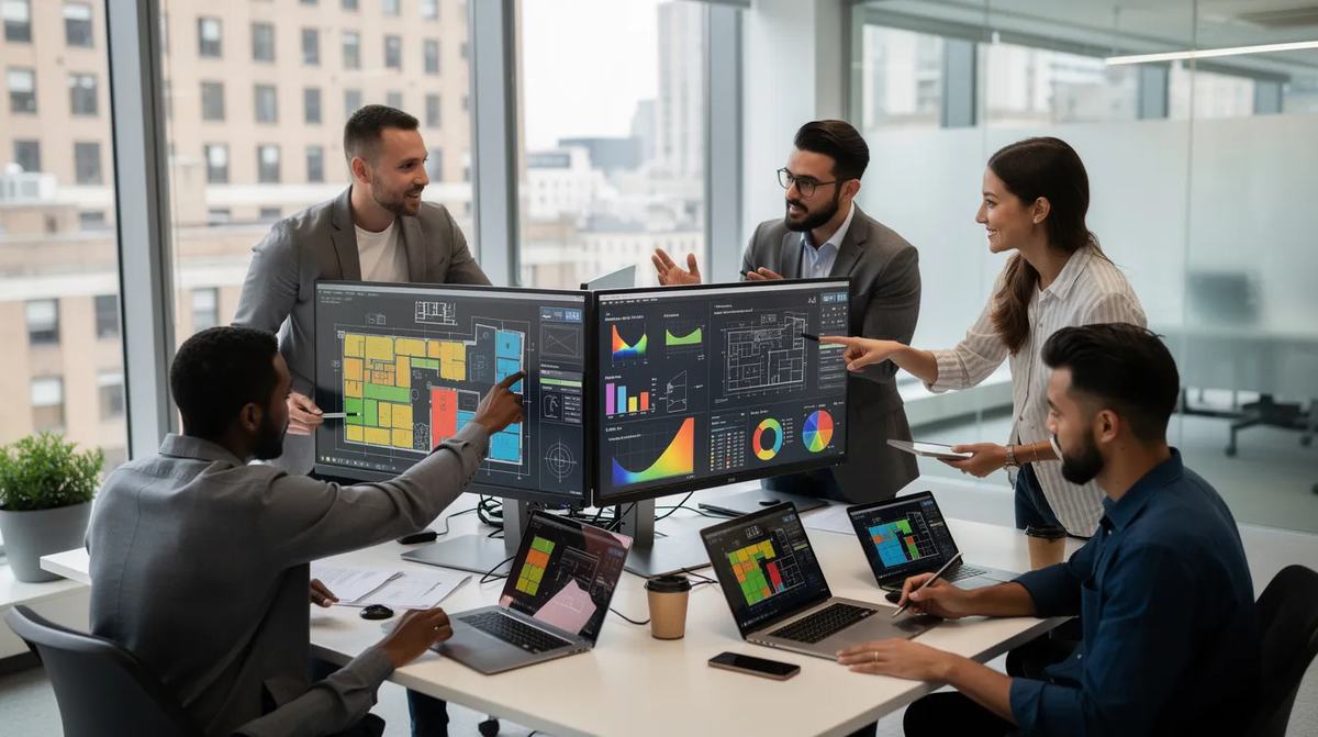 An engineering team in a modern office reviewing building plans and energy performance data displayed on computer screens. The discussion revolves around information about the 179d deduction for engineers.