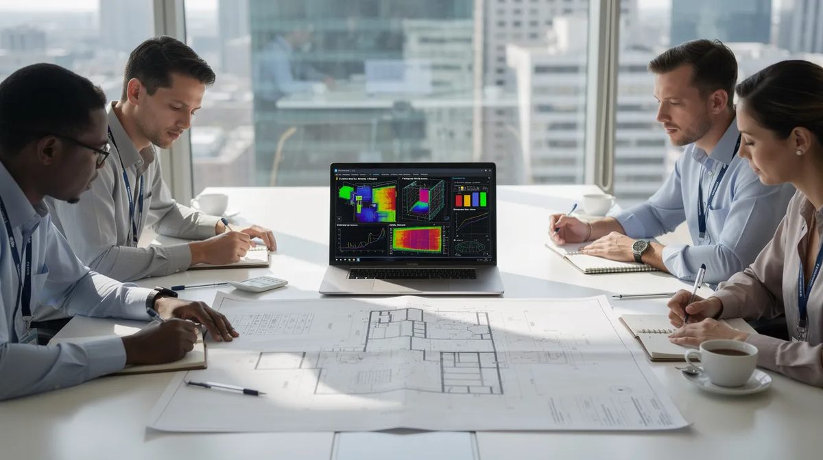 A team of engineers around a conference table, reviewing building blueprints and energy simulation results on a laptop.
