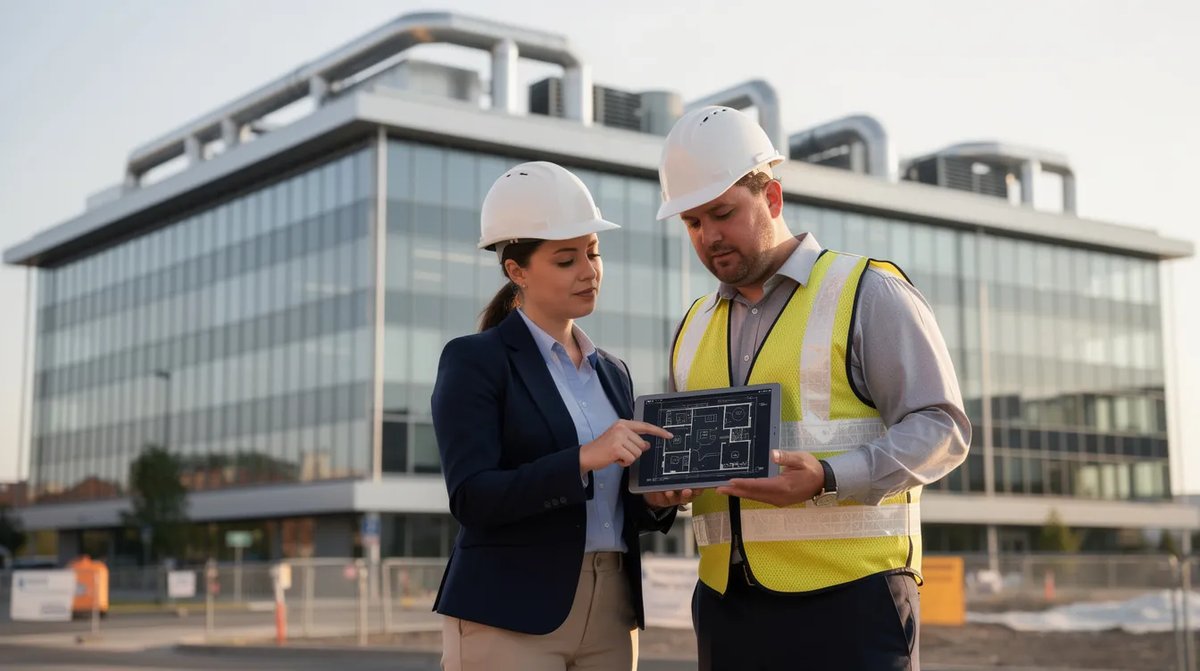Two engineers reviewing architectural plans on a tablet in front of a large commercial building with visible rooftop HVAC units.