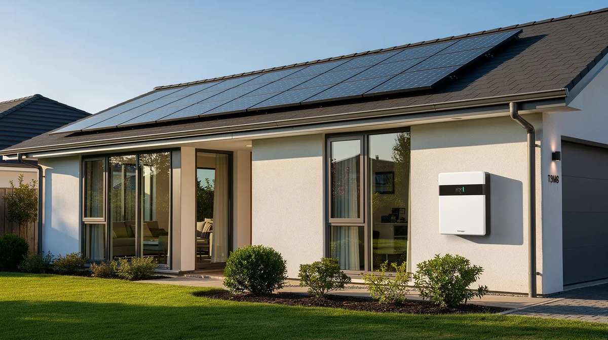 A residential home with rooftop solar panels and a modern battery storage unit mounted on the exterior wall. Homes like this often qualify for the federal clean energy tax credit.
