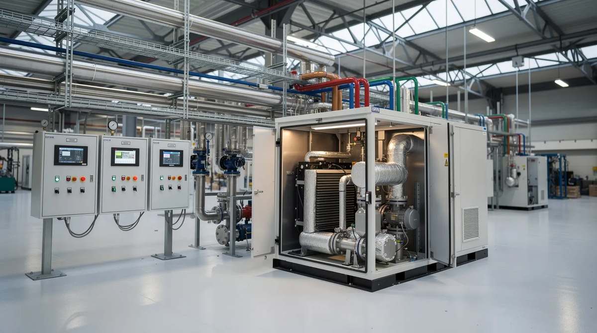 An industrial combined heat and power unit installed inside a large manufacturing facility. Piping and control panels that manage energy efficiency are visible.