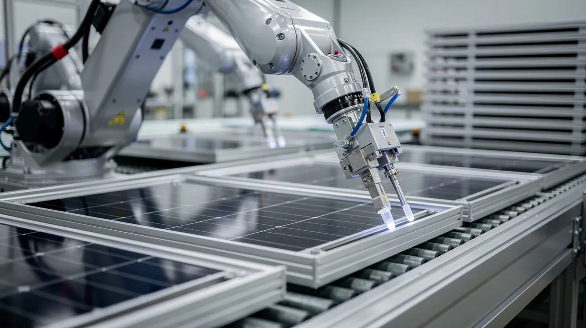 A close-up of industrial robotic arms assembling solar panel modules on a factory production line.