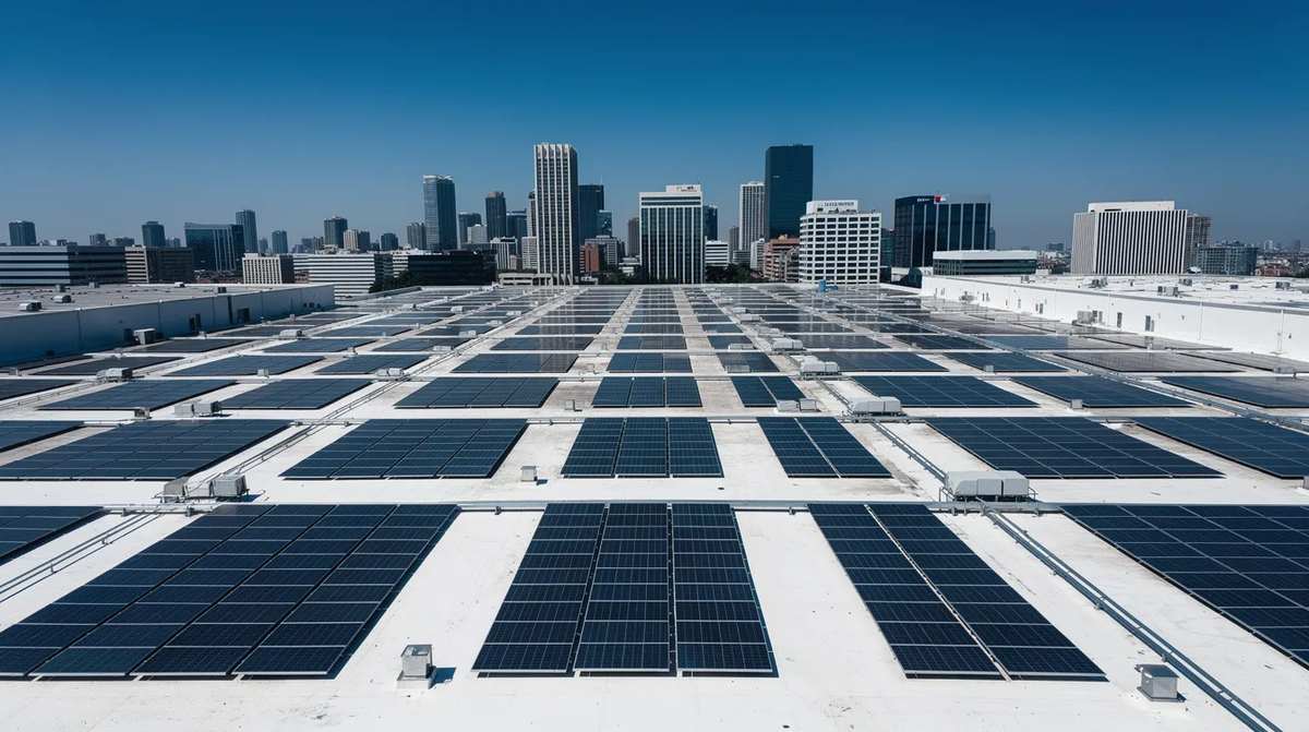 A large commercial warehouse rooftop entirely covered with solar panels in order to qualify for business energy tax credits.