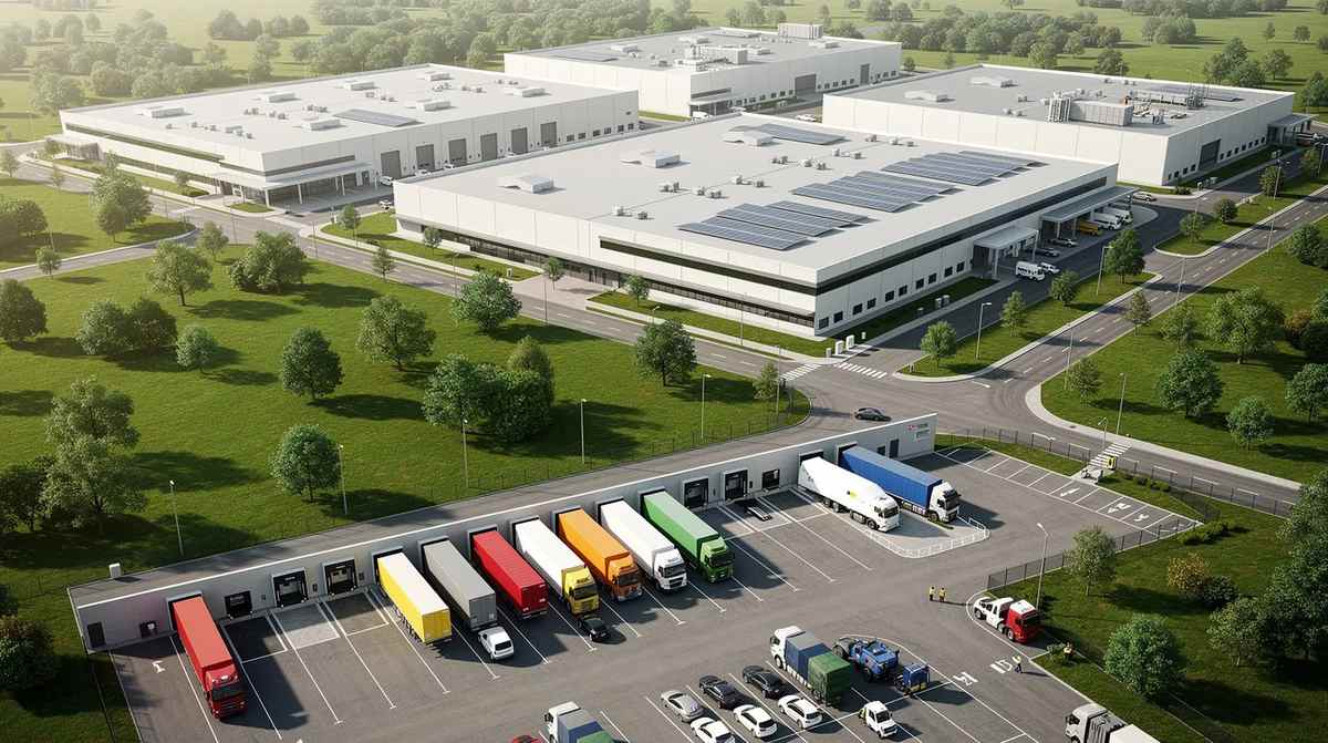 An aerial view of a modern manufacturing facility with trucks parked in the loading area. The image reflects the potential benefits of corporate tax incentives and credits that support such capital investments in the industry.
