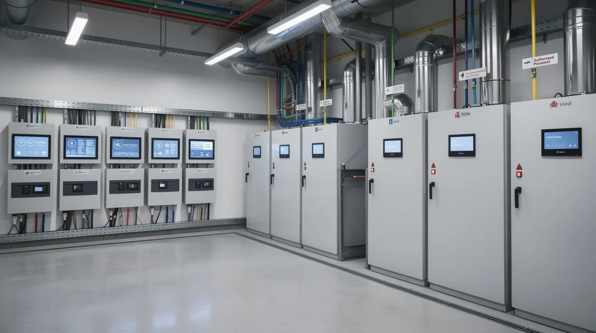 The interior of a commercial building's mechanical room, containing high-efficiency HVAC equipment and advanced digital controls designed to optimize energy performance.