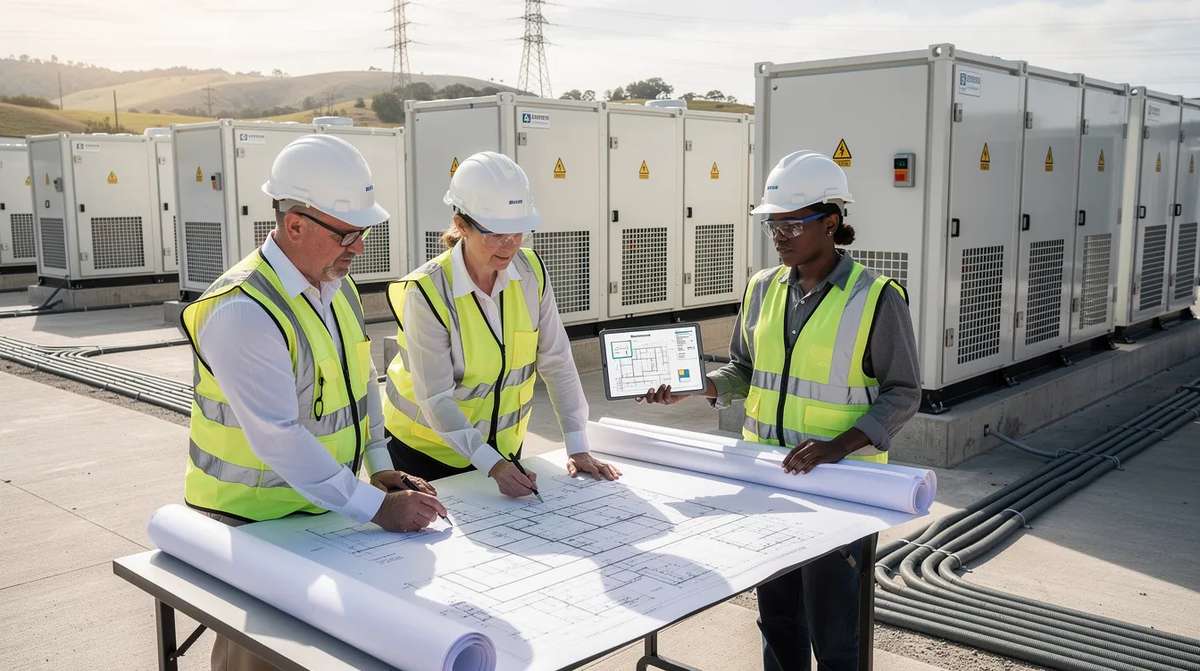 A team of professionals gathered around a table, reviewing construction documents for an energy storage facility, with large battery containers visible in the background.