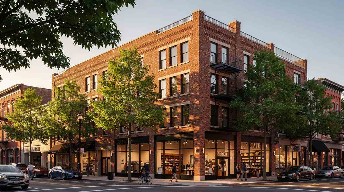 A beautifully renovated historic brick building with mixed-use storefronts and apartments, on an urban street.