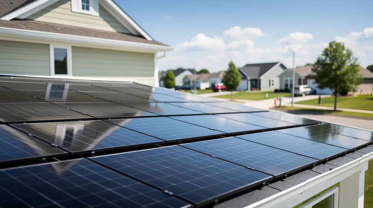 A residential rooftop with solar panels. A suburban neighborhood is visible in the background.