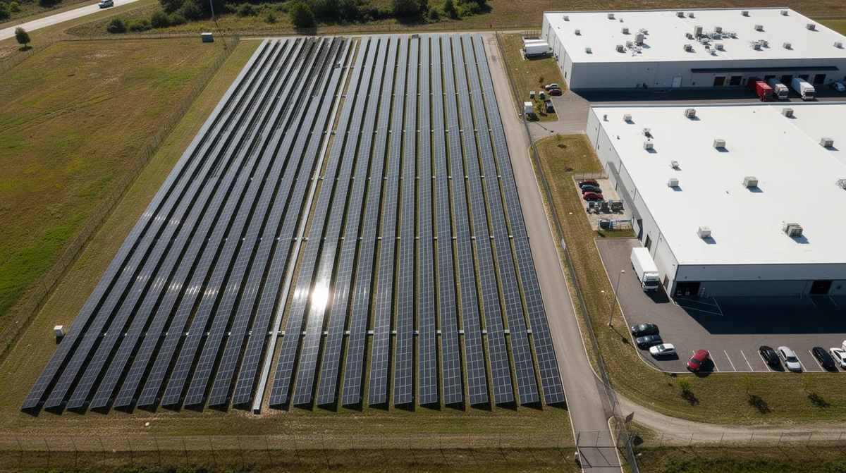An aerial view of a mid-sized solar farm next to an industrial park, with rows of photovoltaic panels that reflect sunlight. Investment tax credit services can help you identify any tax credits you might qualify for.