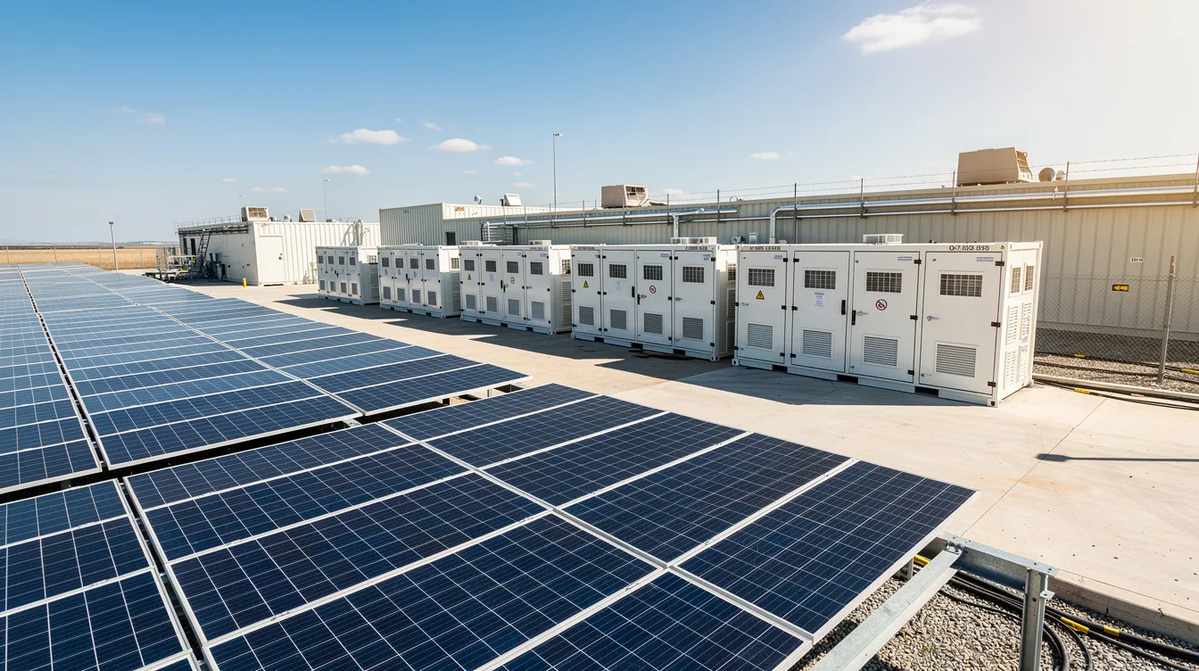 A solar panel array and battery storage units at a commercial facility. This setup highlights the growing trend of renewable energy projects, showcasing how businesses can leverage clean energy tax credits and incentives for a sustainable future.