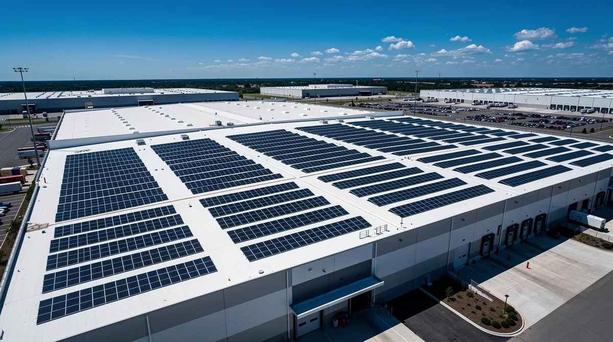 Solar panels on the rooftop of a large commercial warehouse building. These can not only contribute to economic growth through renewable energy, but may also provide the business with tax incentives and savings.
