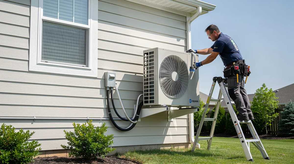 A worker installing a modern heat pump system on the side of a residential home. The aim is to qualify for the federal clean energy tax credit.