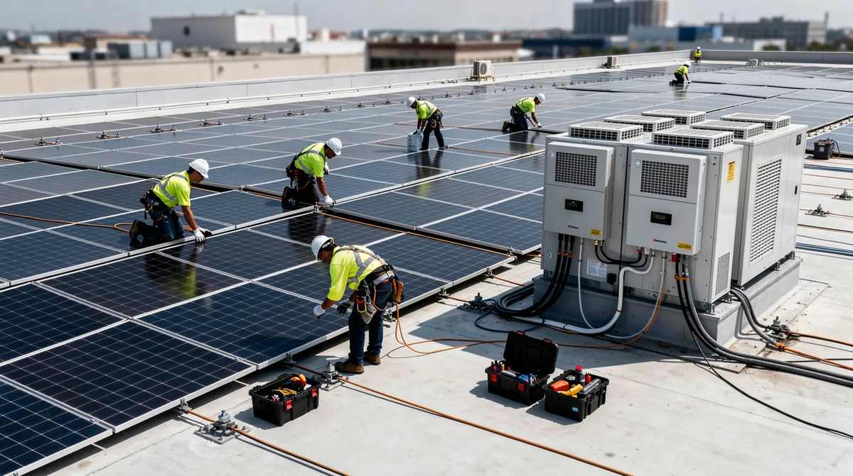 Workers in safety gear installing solar panels on a large commercial rooftop near large battery storage units. An ITC tax credit consultant can help you discover the benefits of your clean energy projects.