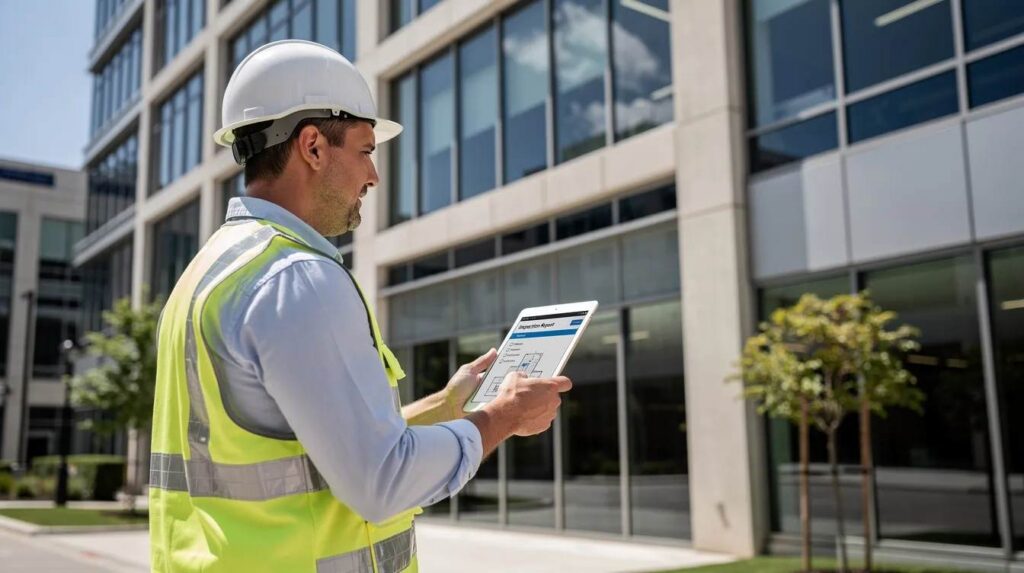 An engineer is inspecting the exterior of a commercial building while holding a tablet, likely assessing property details for a cost segregation study. This process can provide significant tax savings and maximize depreciation deductions for property owners and real estate investors.