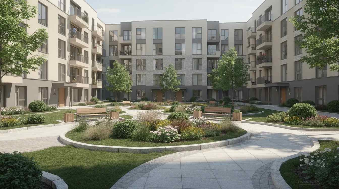 The image depicts a beautifully landscaped courtyard of an apartment building, featuring well-maintained walkways surrounded by greenery and decorative plants. This inviting outdoor space enhances the living experience for residents and could also be a valuable aspect for property owners considering a cost segregation study to maximize tax benefits and depreciation deductions.